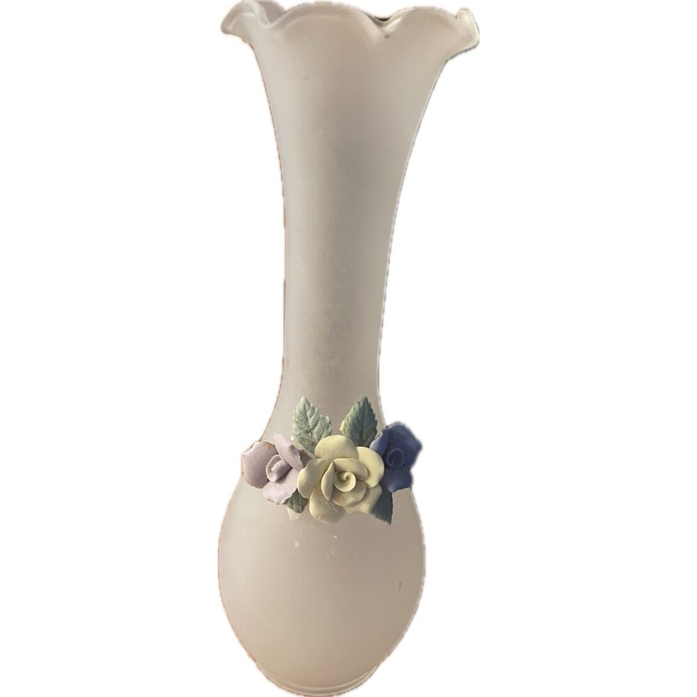 Vintage Frosted Glass Bud Vase with Applied 3D Porcelain Roses – Ruffled Top Rim